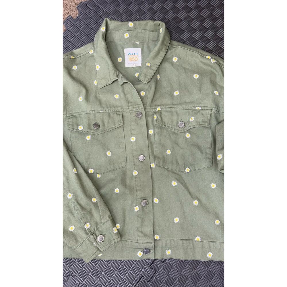 Cali 1850 Button Denim Jean Jacket Light Green Daisy Floral Print Women's XL - Picture 2 of 7